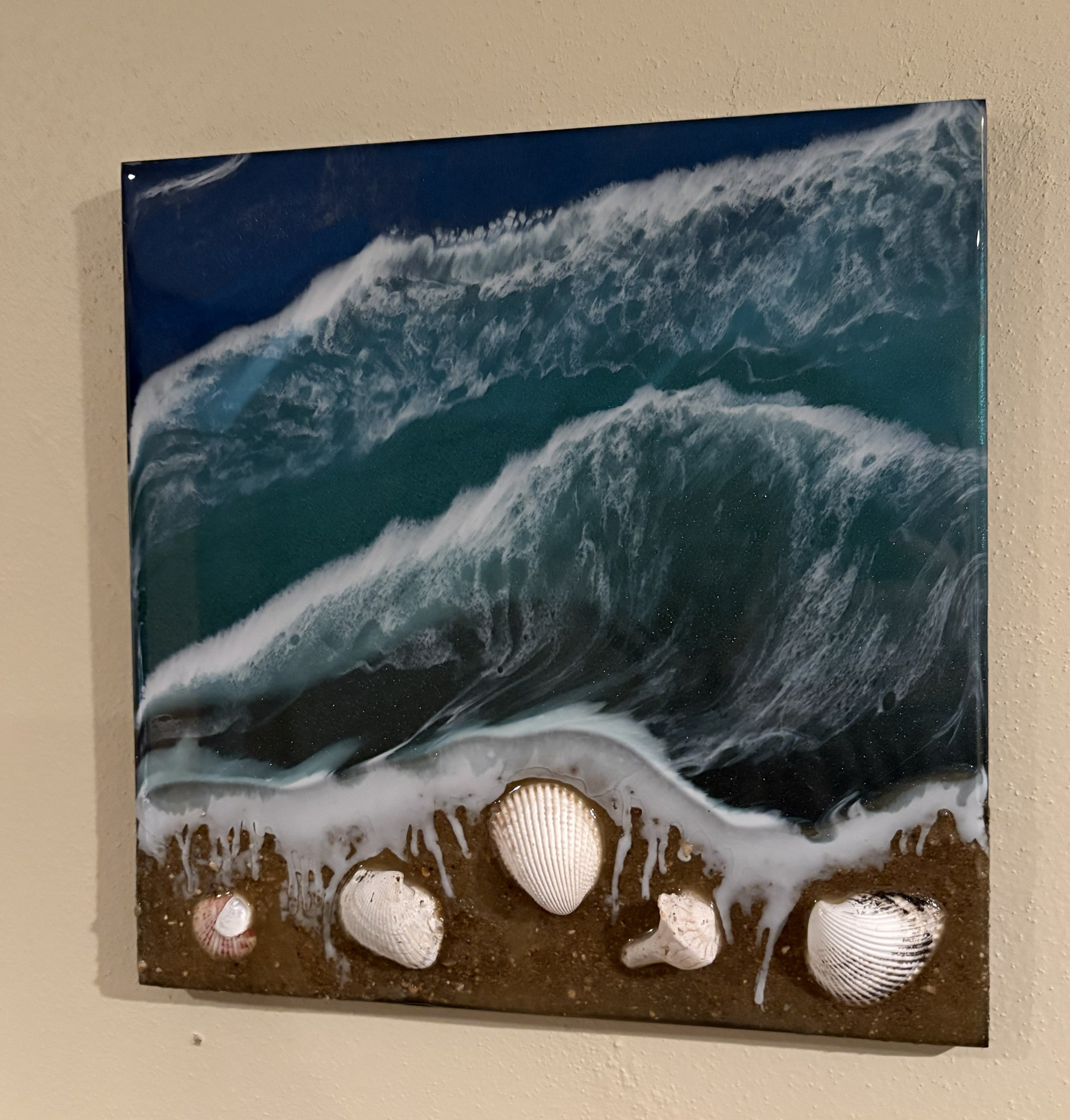 Seashell Epoxy Wall Art with Water and Waves