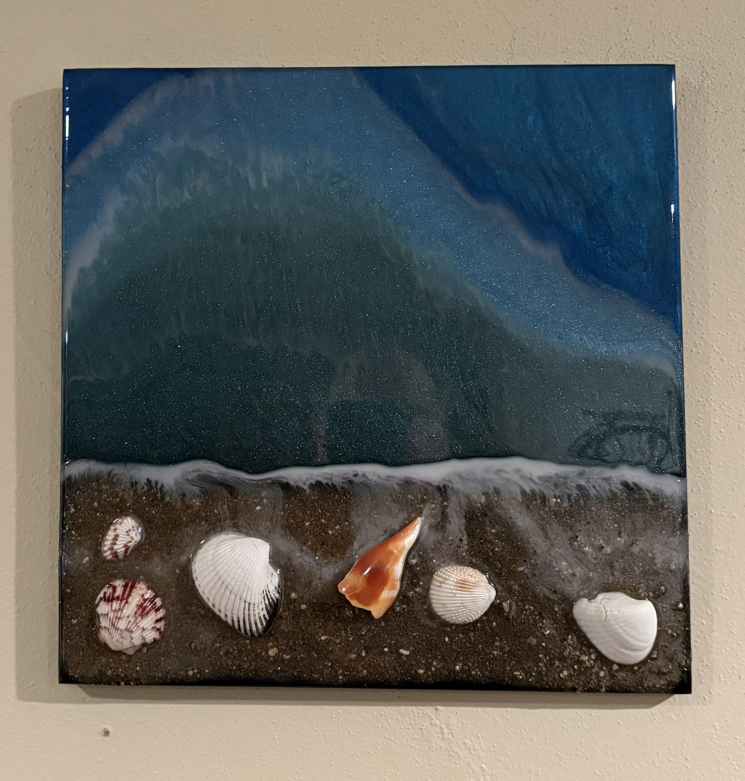 Seashell Epoxy Wall Art with Water and Waves