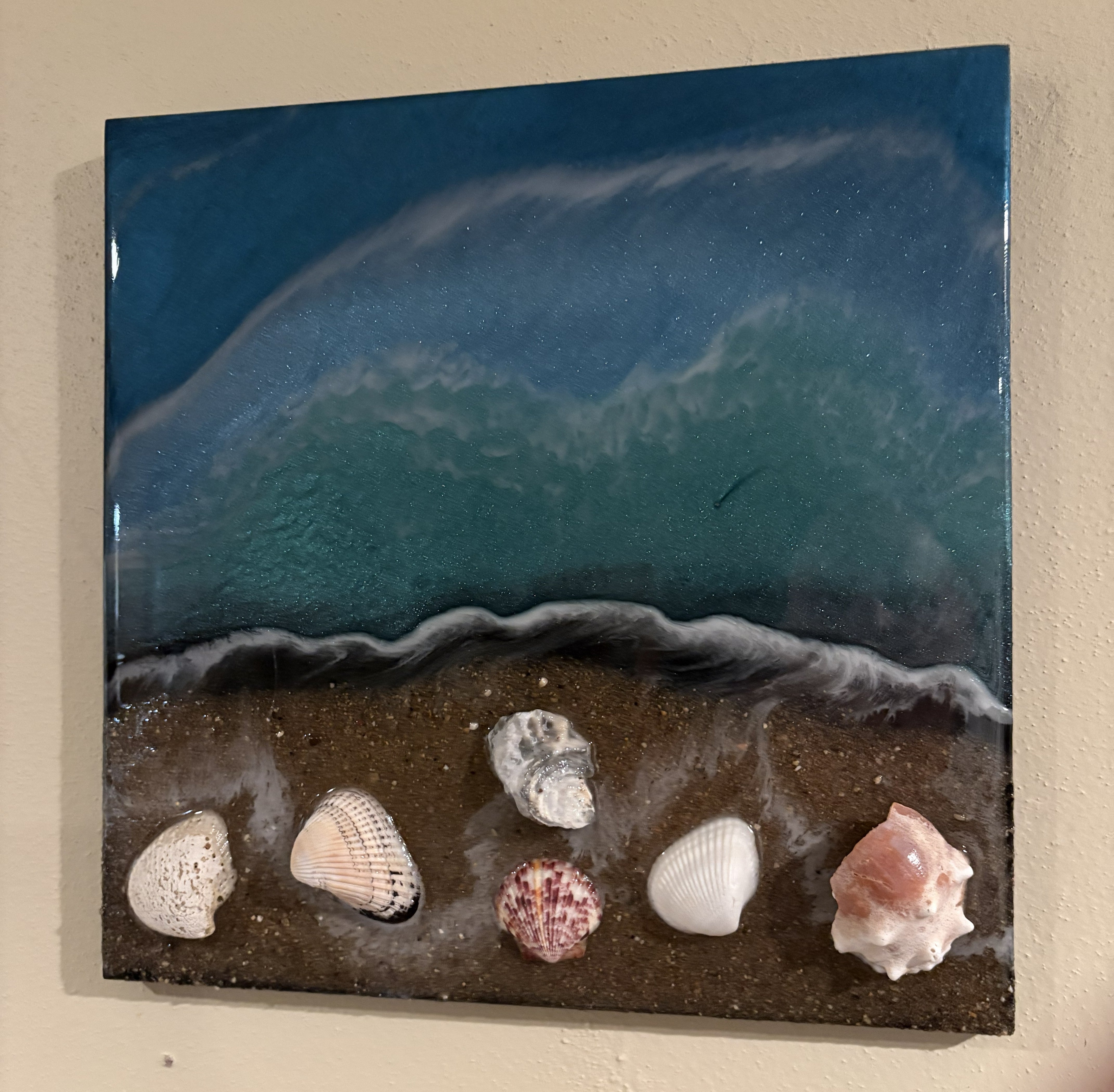 Seashell Epoxy Wall Art with Water and Waves