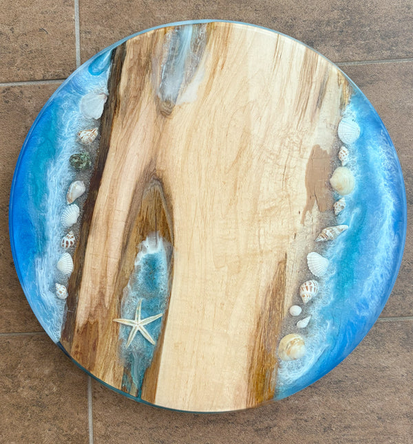 Wood and Epoxy Lazy Susan with Seashells, Sand and Ocean Scene | Rotating Charcuterie Board | Table Centerpiece for Home | Serving Tray