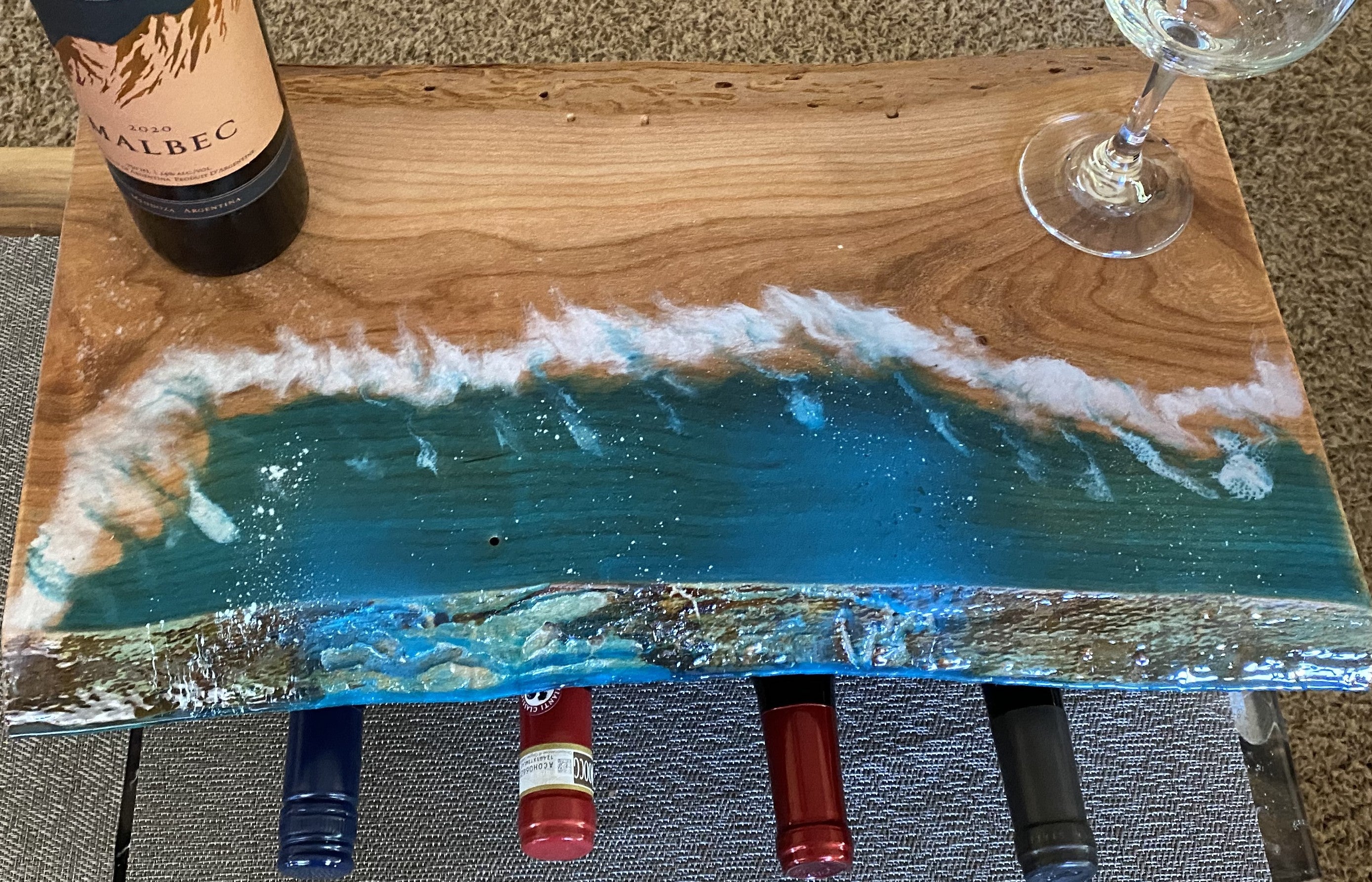 Live Edge Tabletop Four Bottle Wine Rack | Water Scene | River Table Wine Rack | Family and Friends Engraved | Upgradable to Twelve Bottles