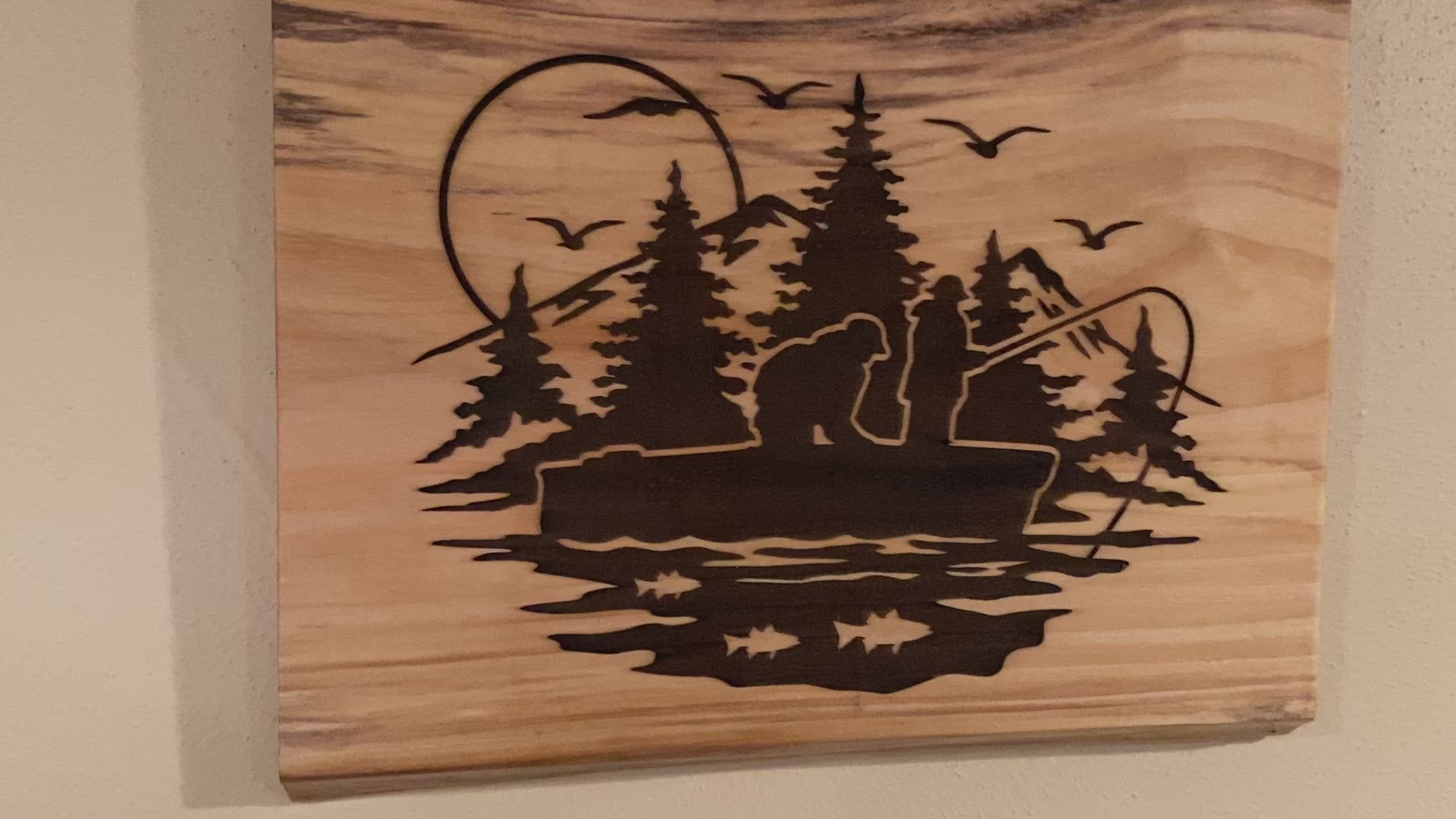 Live Edge Fishing Scene | Engraved Fishing With Friend | Fishing Wall Art