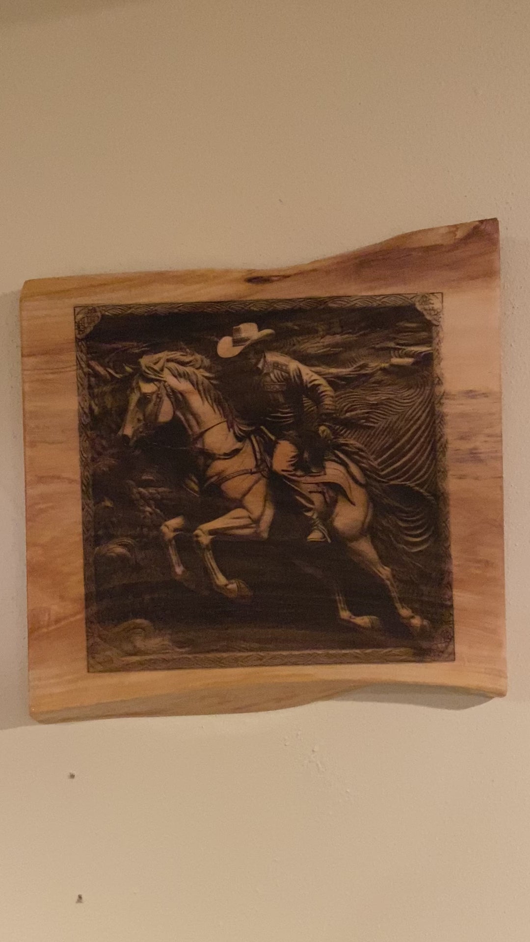 Live Edge Engraved Cowboy Scene | Engraved Cowboy Riding a Horse | Engraved Cowboy Wall Art