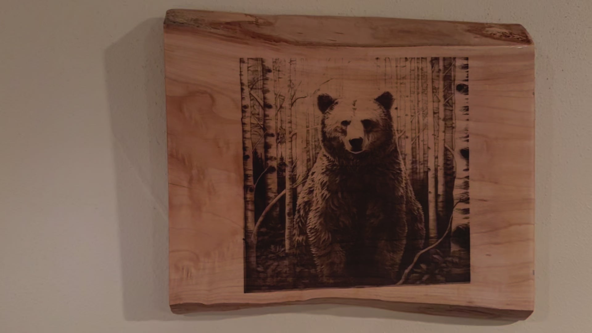 Live Edge Engraved Bear in the Woods | Engraved Bear Gift | Engraved Bear in the Forest Wall Art