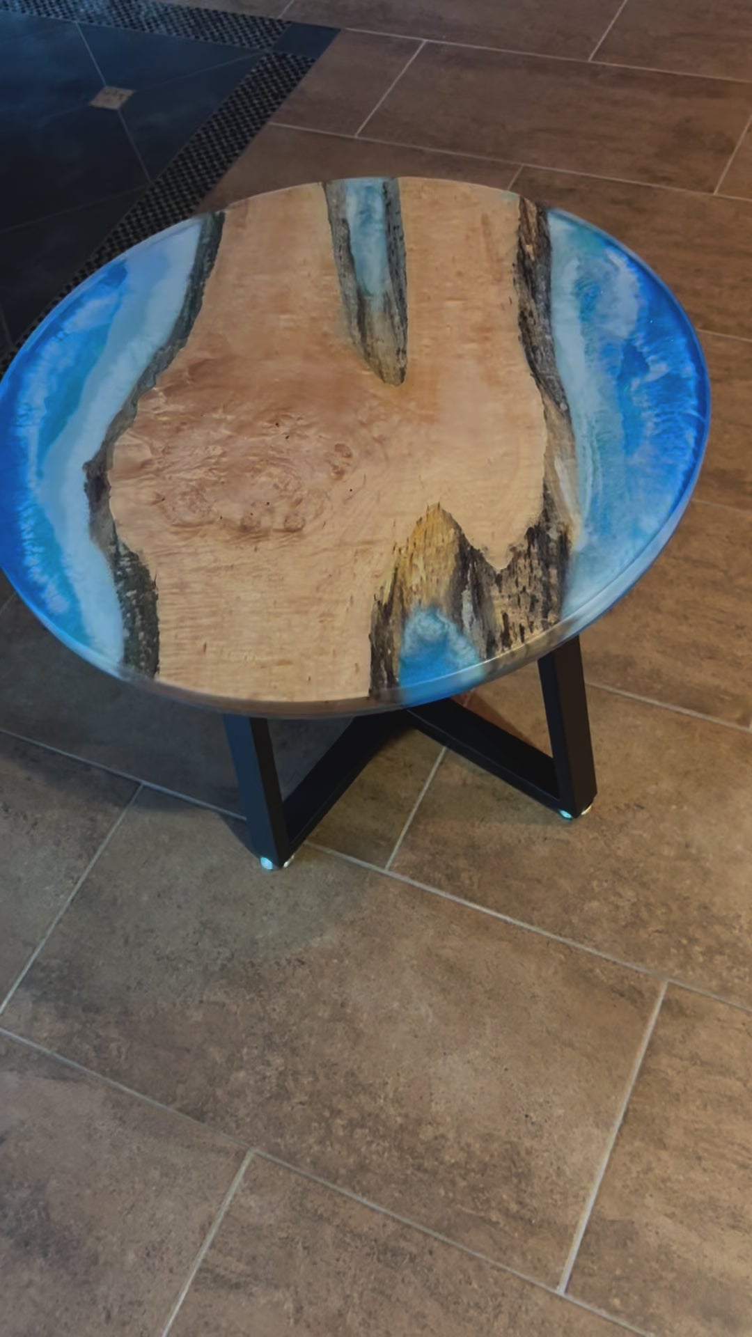 Maple River Table | Live Edge Round End Table | Round Epoxy River Table with Water Scene