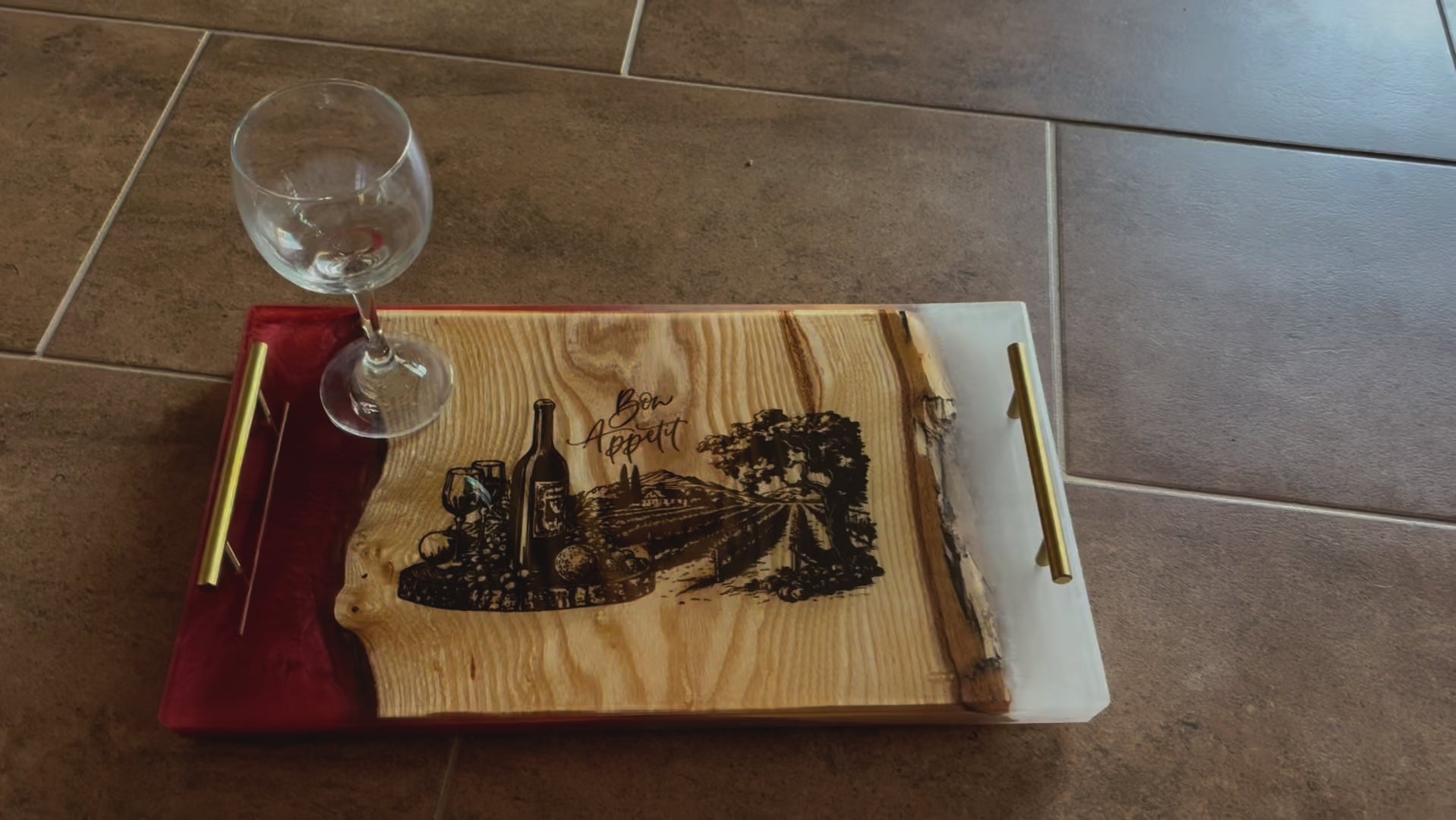 Live Edge Charcuterie Board with Vineyard Engraving | Engraved Tray with Wine Scene and Red and White Epoxy Resin