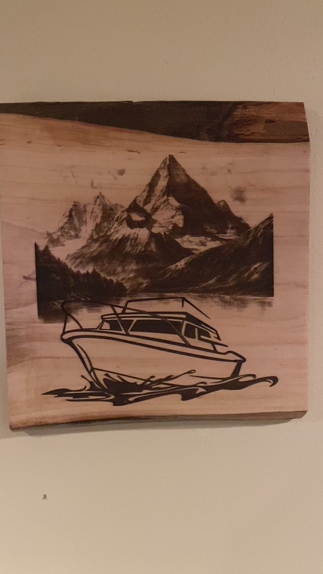 Live Edge Engraved Boating Scene in a Mountain Lake | Engraved Powerboat Gift | Engraved Boating Wall Art | Mountain Wall Art