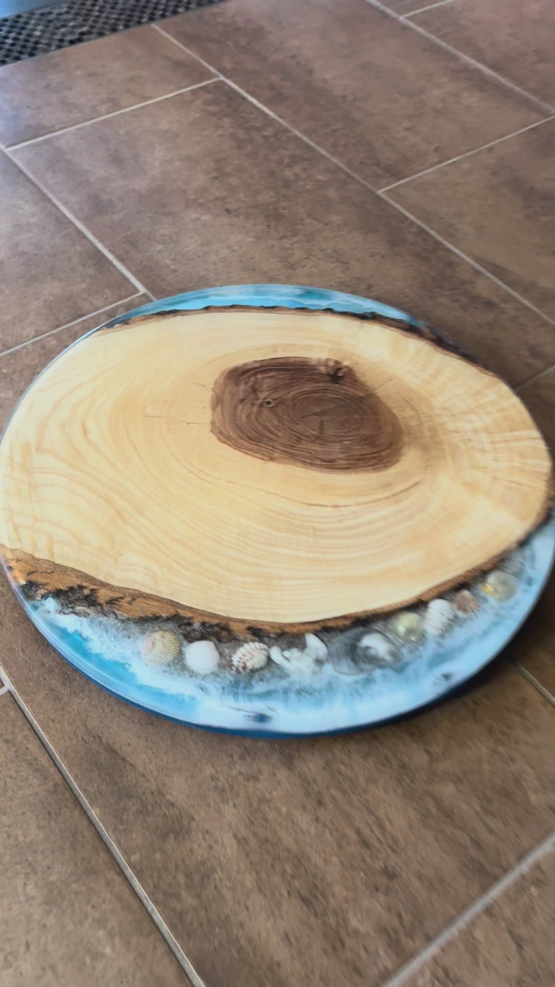 Wood and Epoxy Lazy Susan with Seashells, Sand and Ocean Scene | Rotating Charcuterie Board | Table Centerpiece for Home | Serving Tray