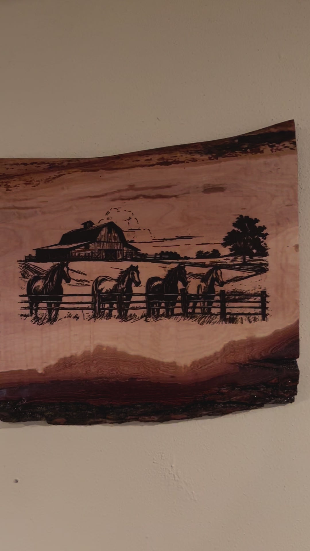 Live Edge Engraved Horses with Barn Scene | Engraved Horse Gift | Engraved Equestrian Wall Art