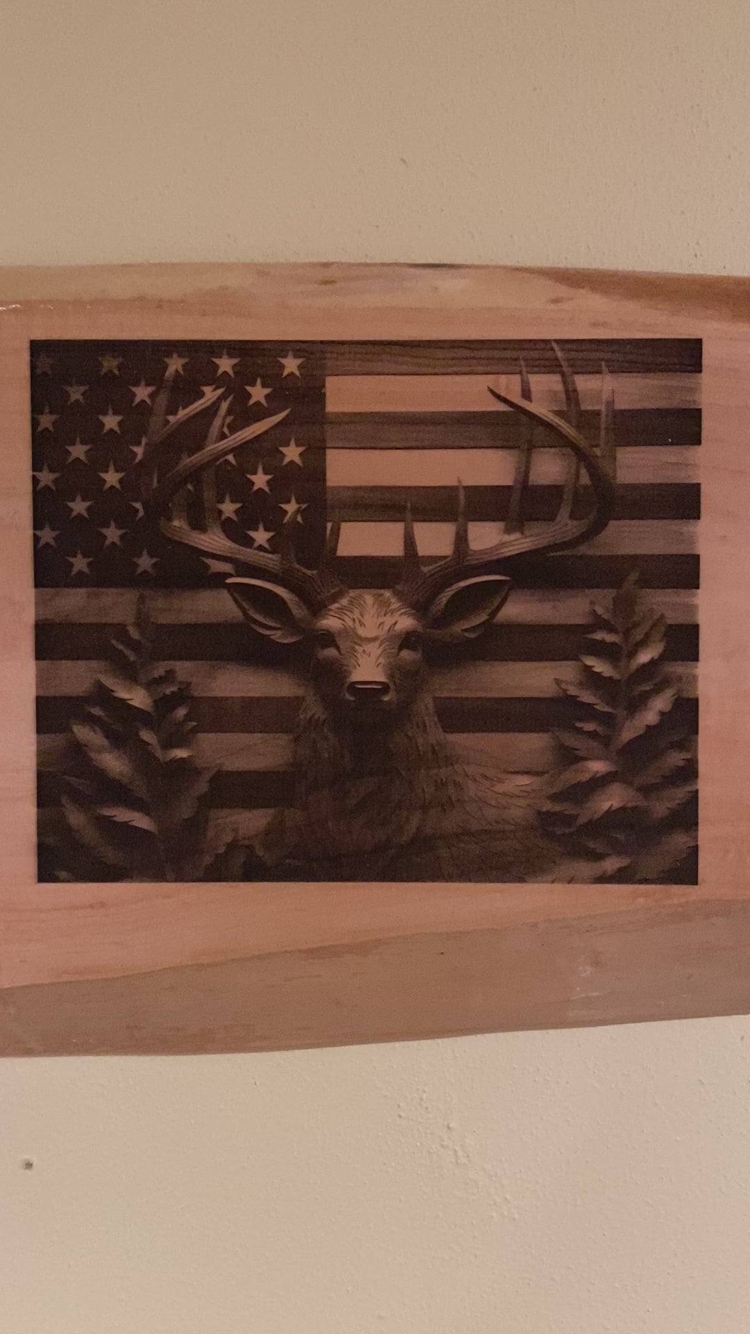 Live Edge Engraved Big Buck With American Flag | Engraved Deer With American Flag | Engraved American Big Buck Wall Art