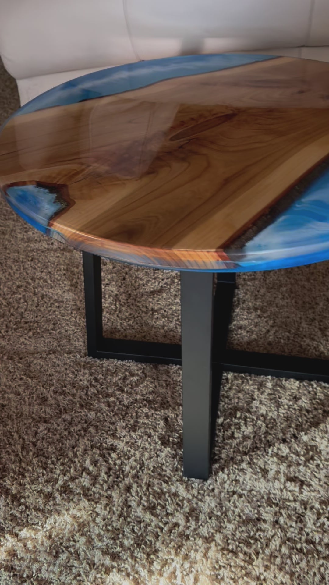 Cherry River Table | Live Edge Round End Table | Round Epoxy River Table with Water Scene