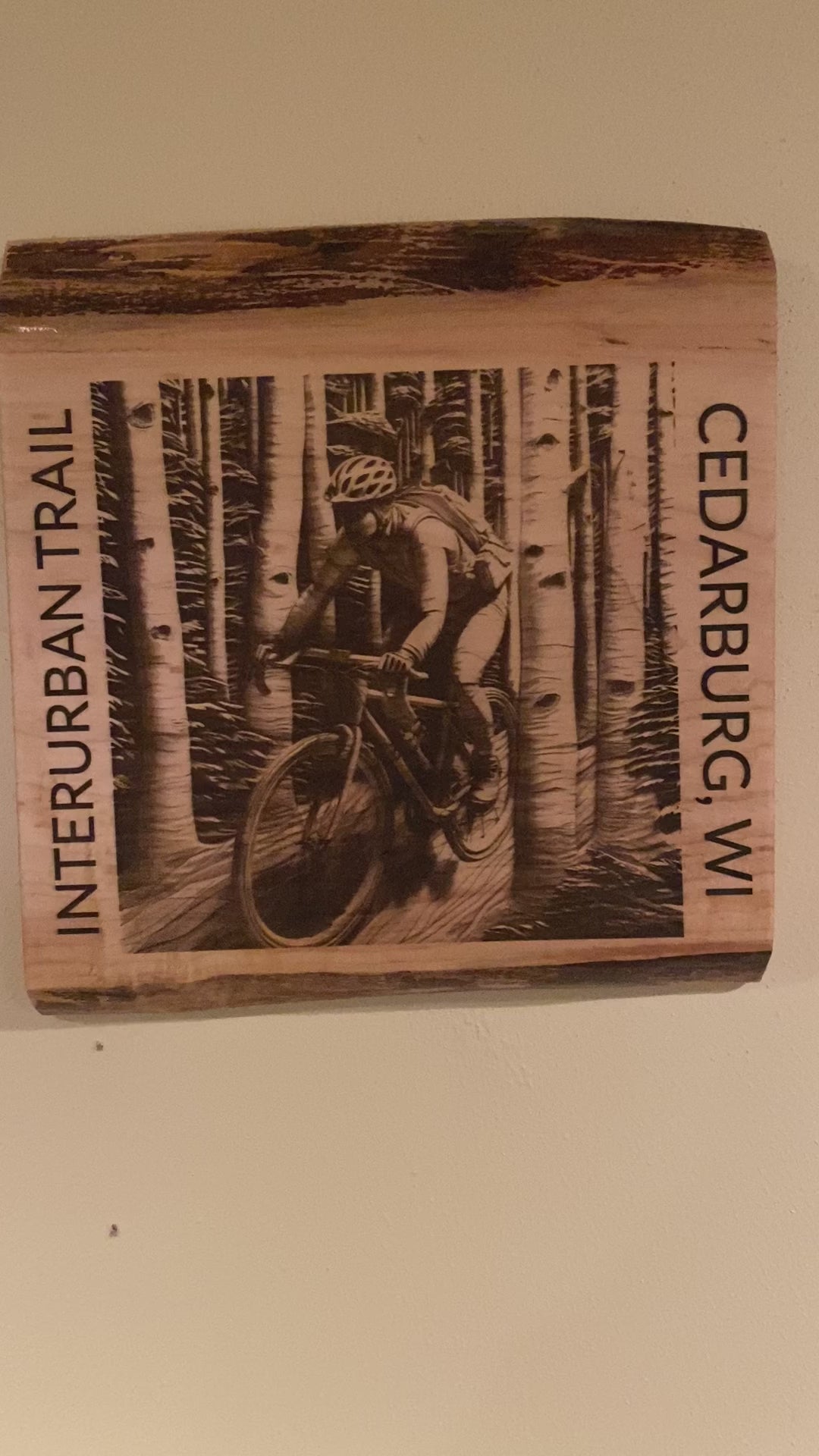 Live Edge Engraved Bicycling Scene | Engraved Bicycle in Woods | Engraved Bicycle Wall Art