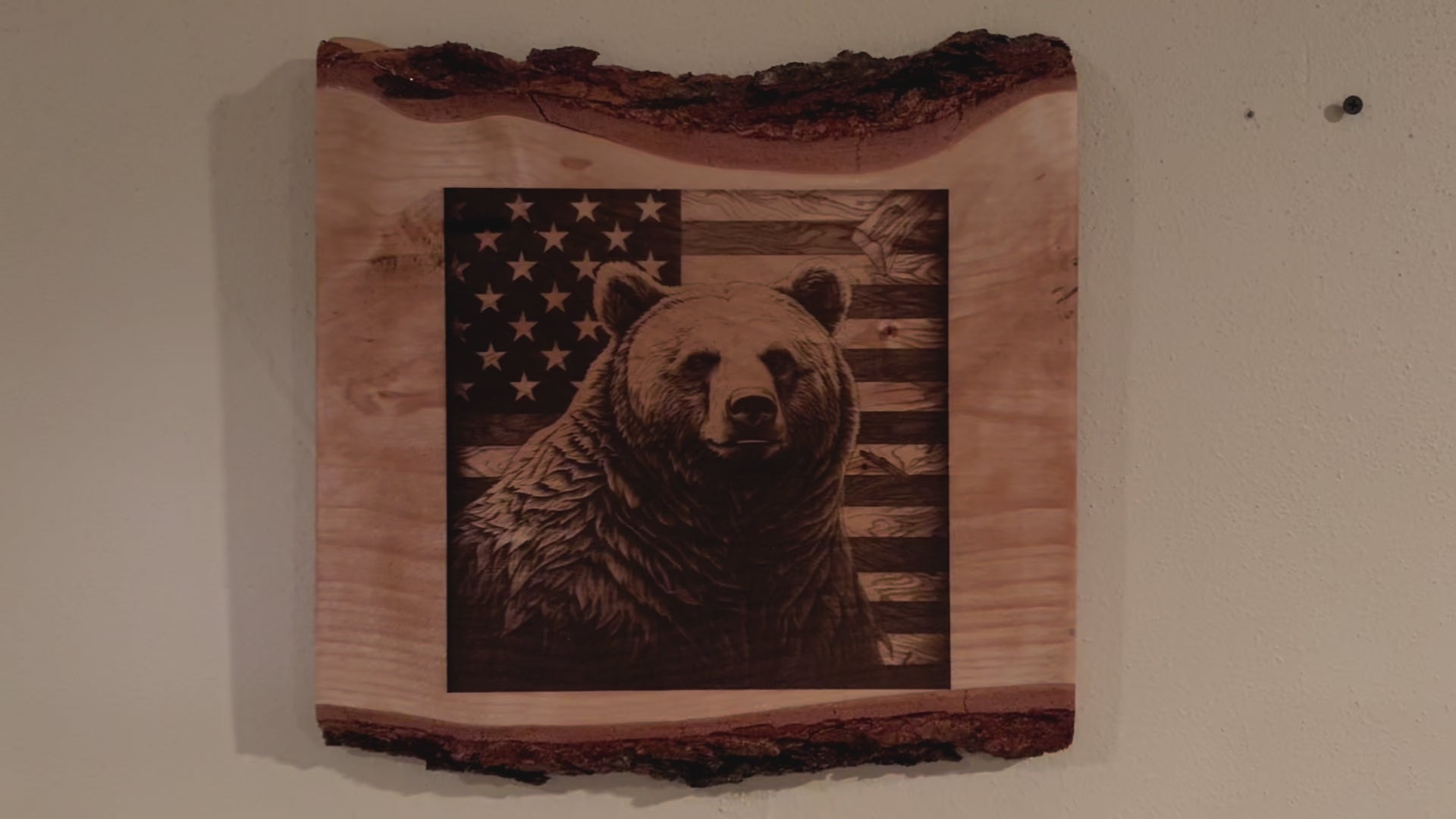 Live Edge Engraved Bear with American Flag | Engraved Bear Gift | Engraved Bear with Flag Wall Art