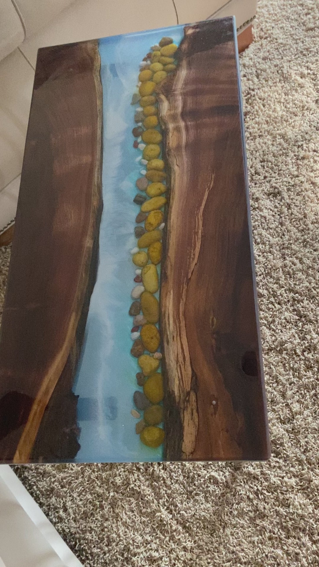 Walnut River Table | Live Edge End Table | Epoxy River Table With Embedded Rocks