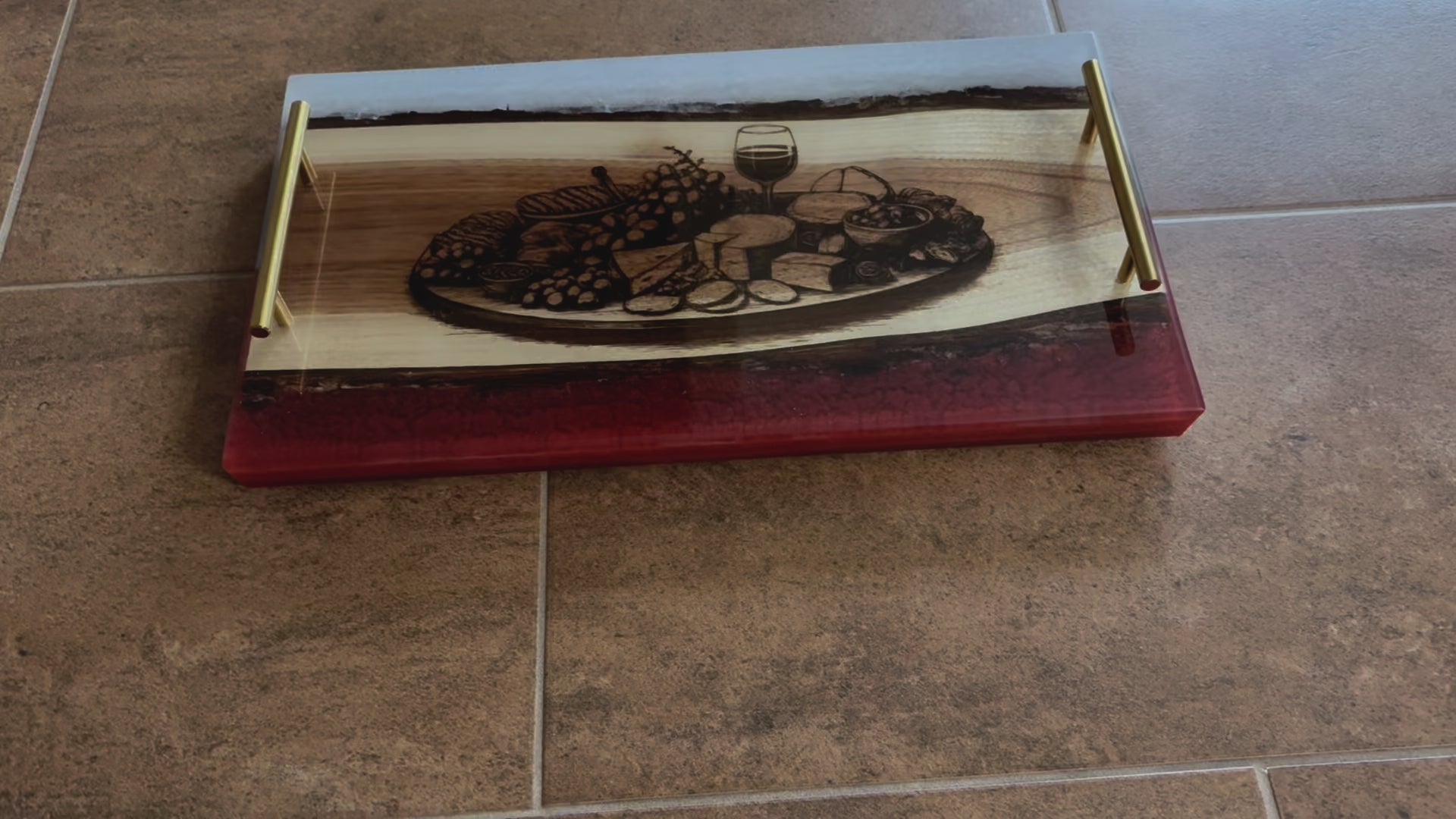 Engraved Charcuterie Board Within Charcuterie Tray | Engraved Tray with Wine Bottle and Charcuterie Contents Embedded in Epoxy Resin