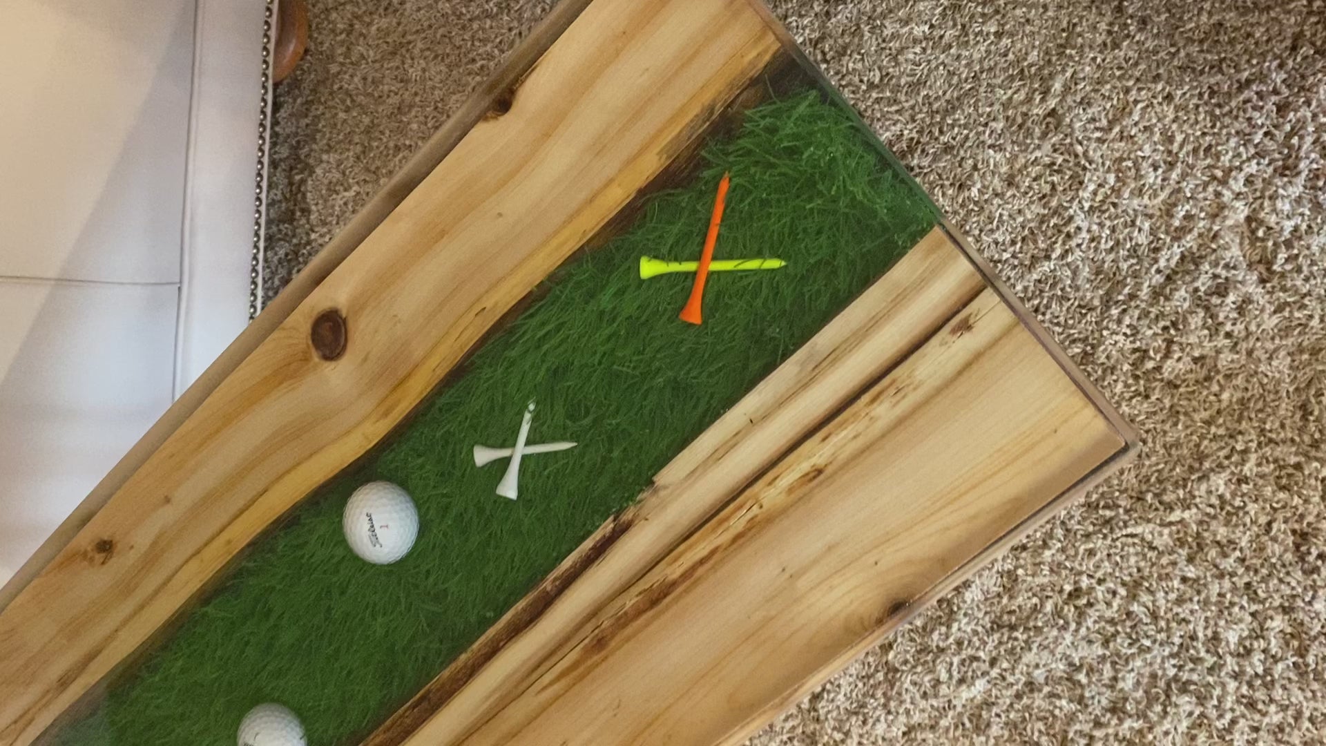 Golf River Table | Live Edge End Table | Artificial Turf Golf Table | Epoxy River Table With Embedded Golf Balls and Golf Tees