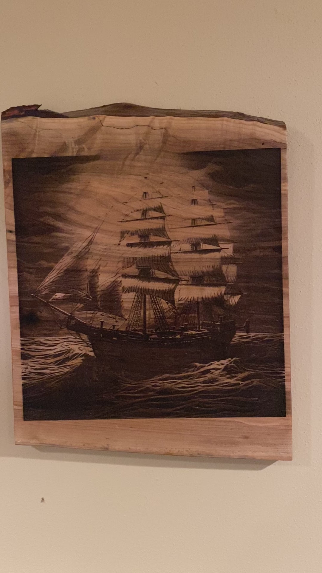 Live Edge Engraved Sailing Scene on Stormy Waters | Engraved Sailing Scene | Engraved Sailing Wall Art