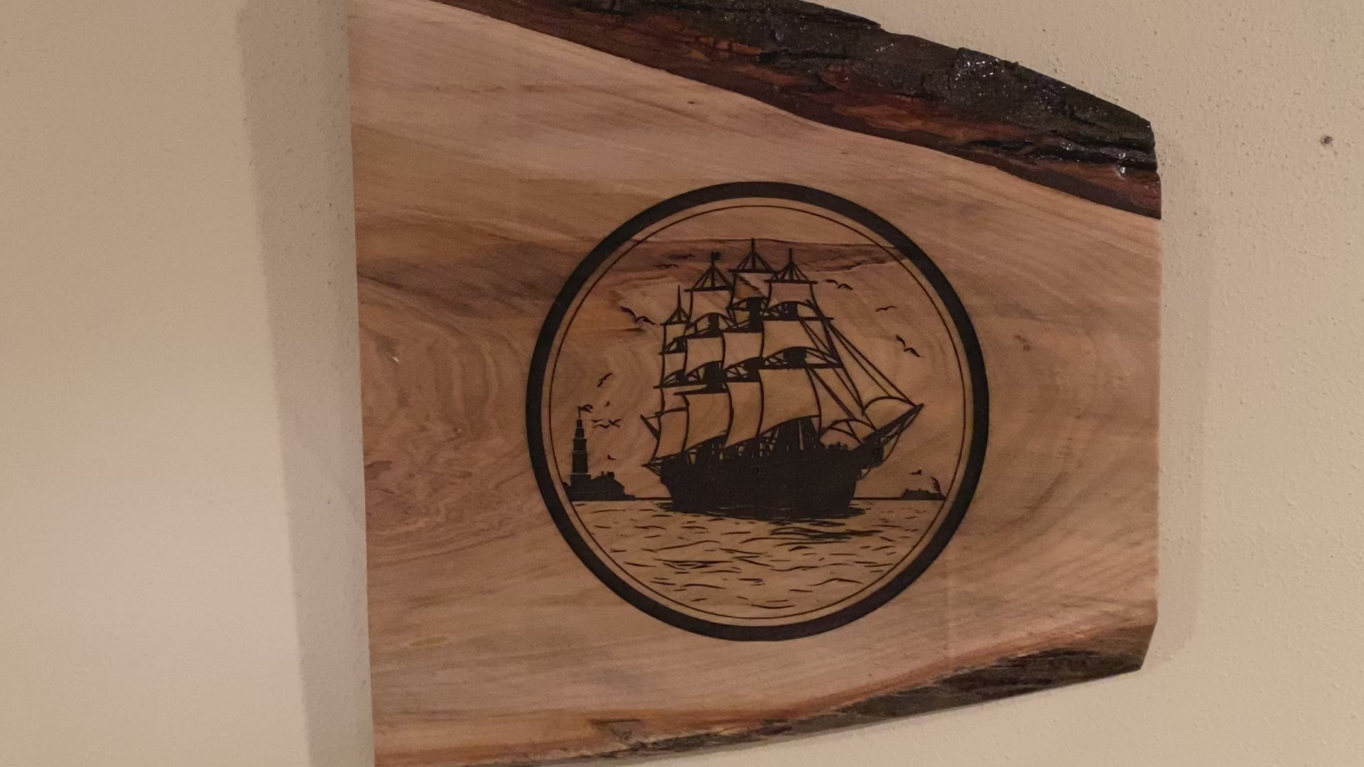 Live Edge Engraved Sailing Scene with Lighthouse in Background | Engraved Sailing With Lighthouse | Engraved Sailing Wall Art