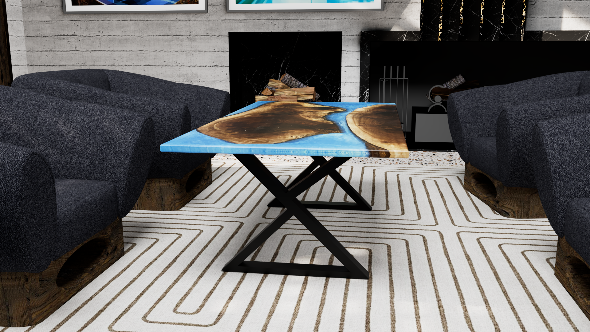 Epoxy Walnut River Table with Heavy Duty X-Shape Metal Legs, Caribbean Blue or Black Epoxy River