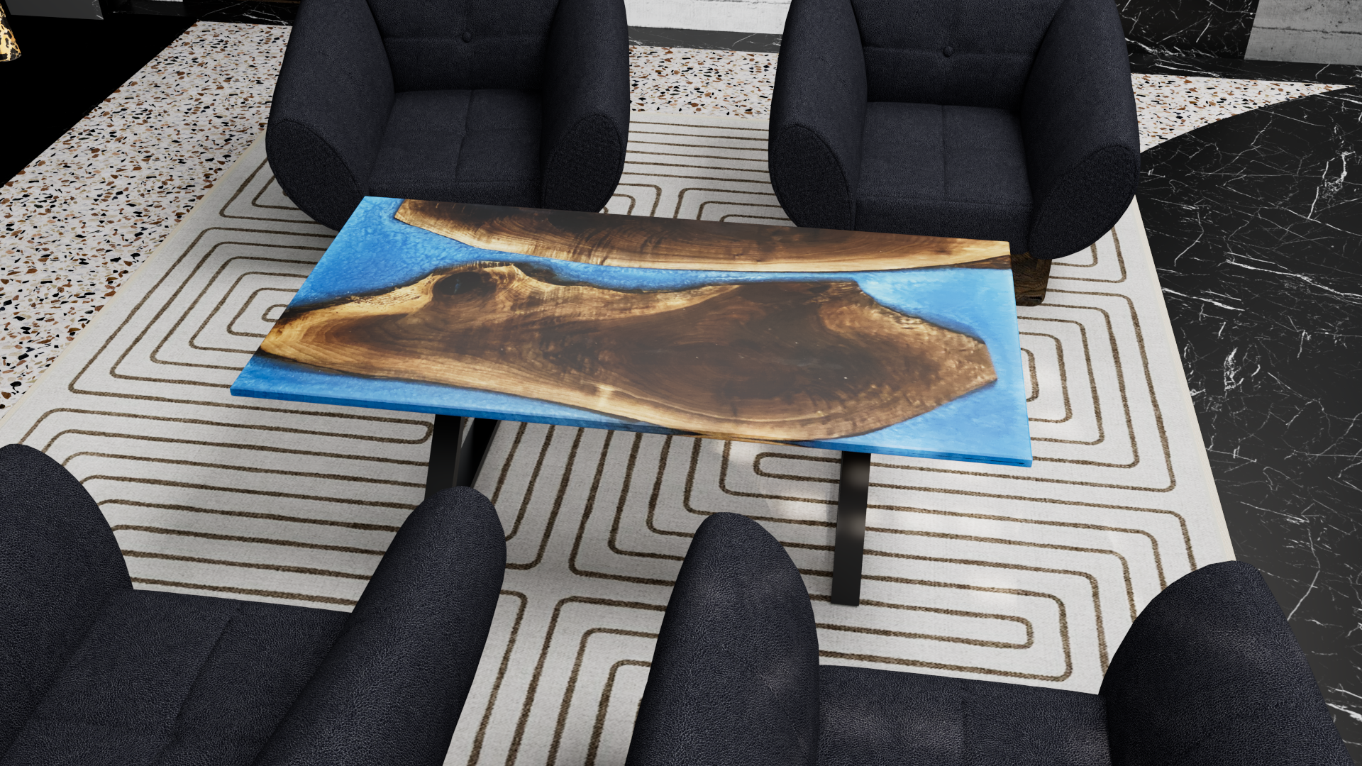 Epoxy Walnut River Table with Heavy Duty X-Shape Metal Legs, Caribbean Blue or Black Epoxy River