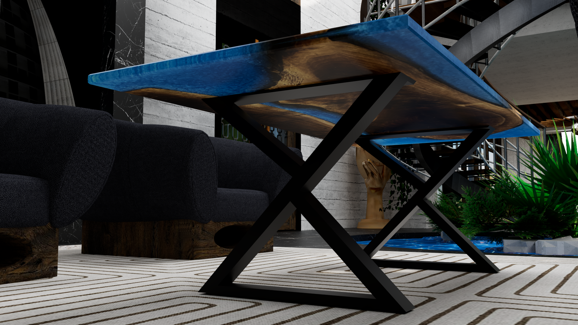 Epoxy Walnut River Table with Heavy Duty X-Shape Metal Legs, Caribbean Blue or Black Epoxy River