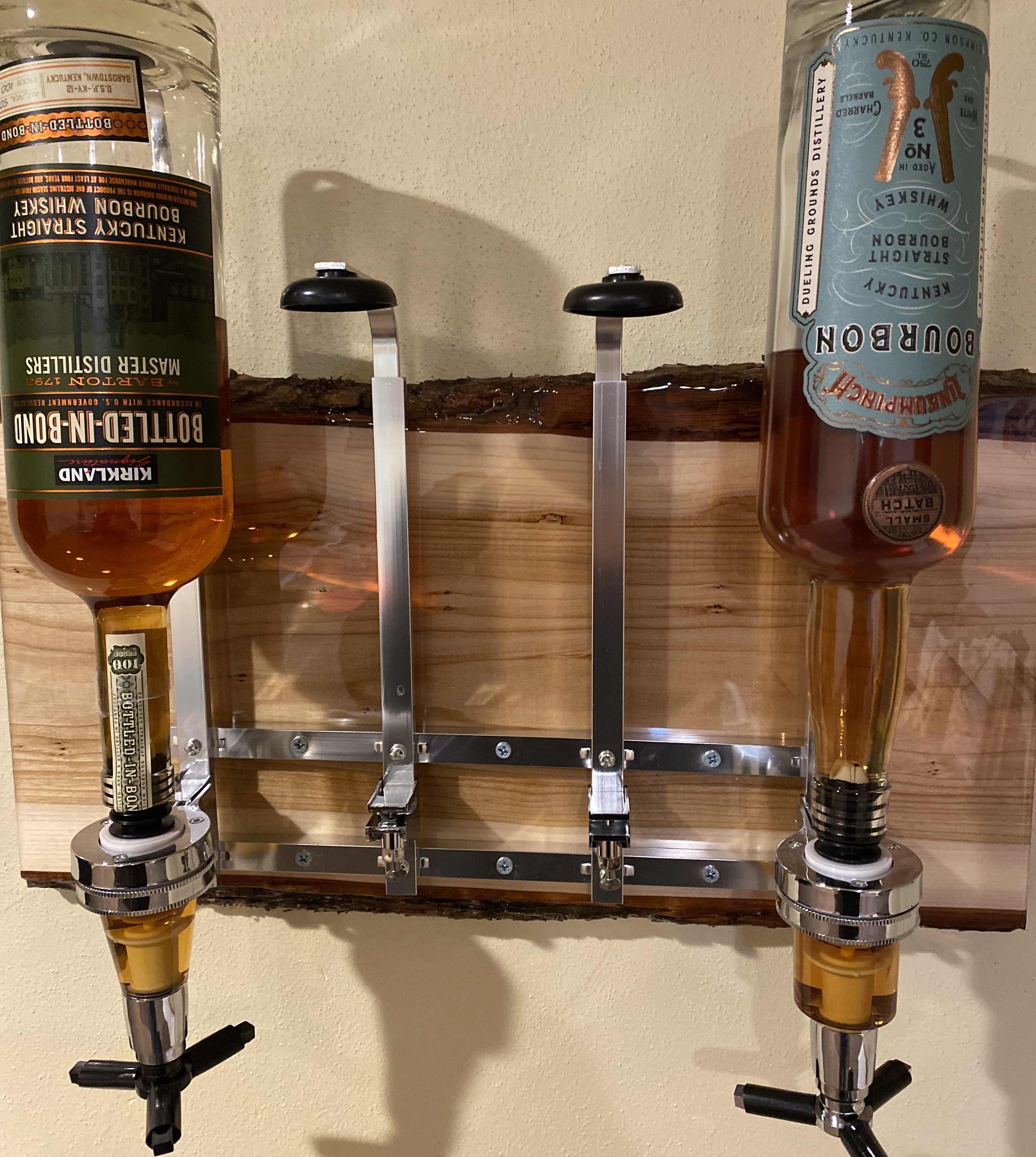 Liquor Dispenser Mounted on Live Edge Natural Bark Wood