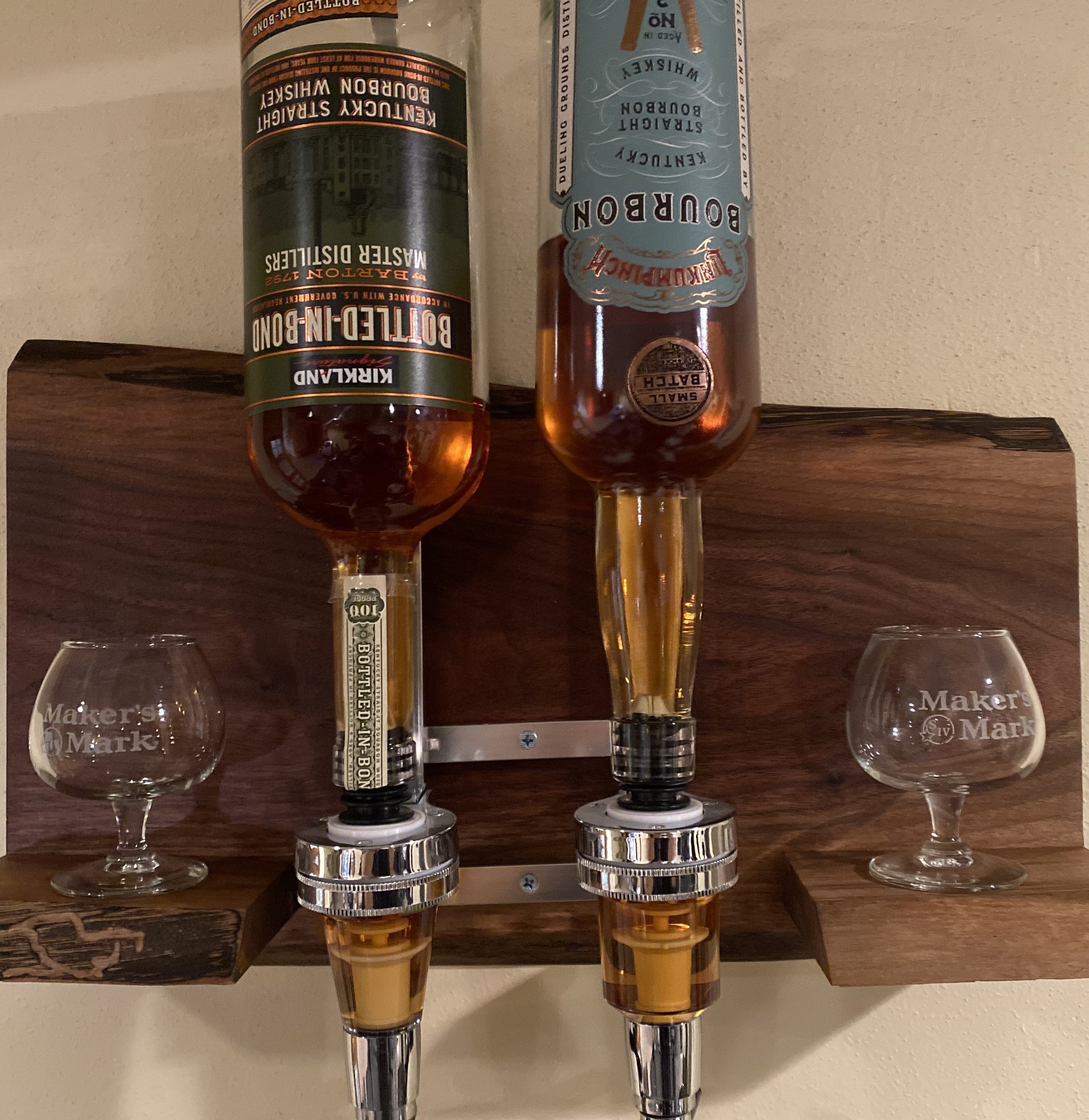 Liquor Dispenser Mounted on Live Edge Natural Bark Wood