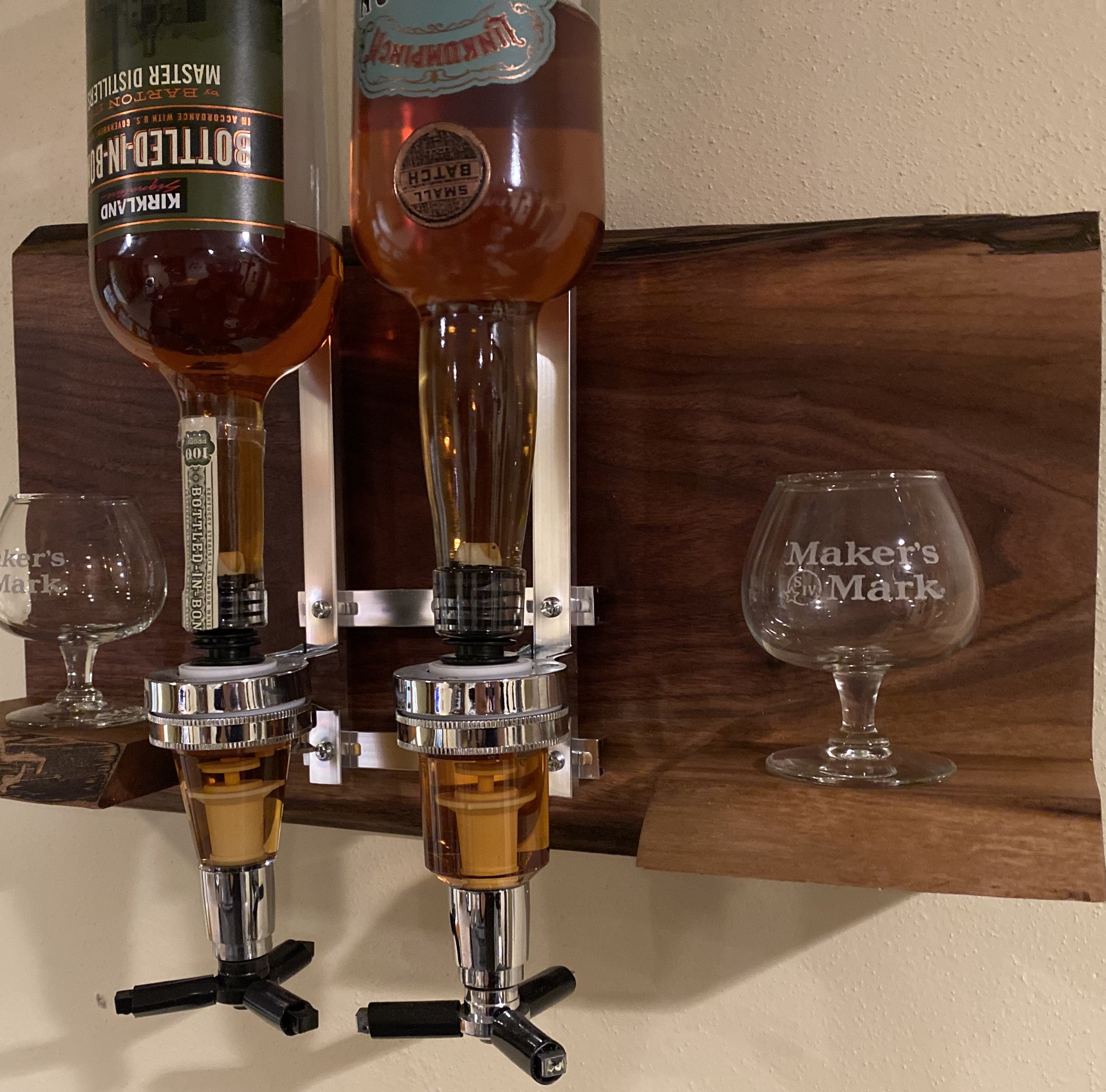 Liquor Dispenser Mounted on Live Edge Natural Bark Wood