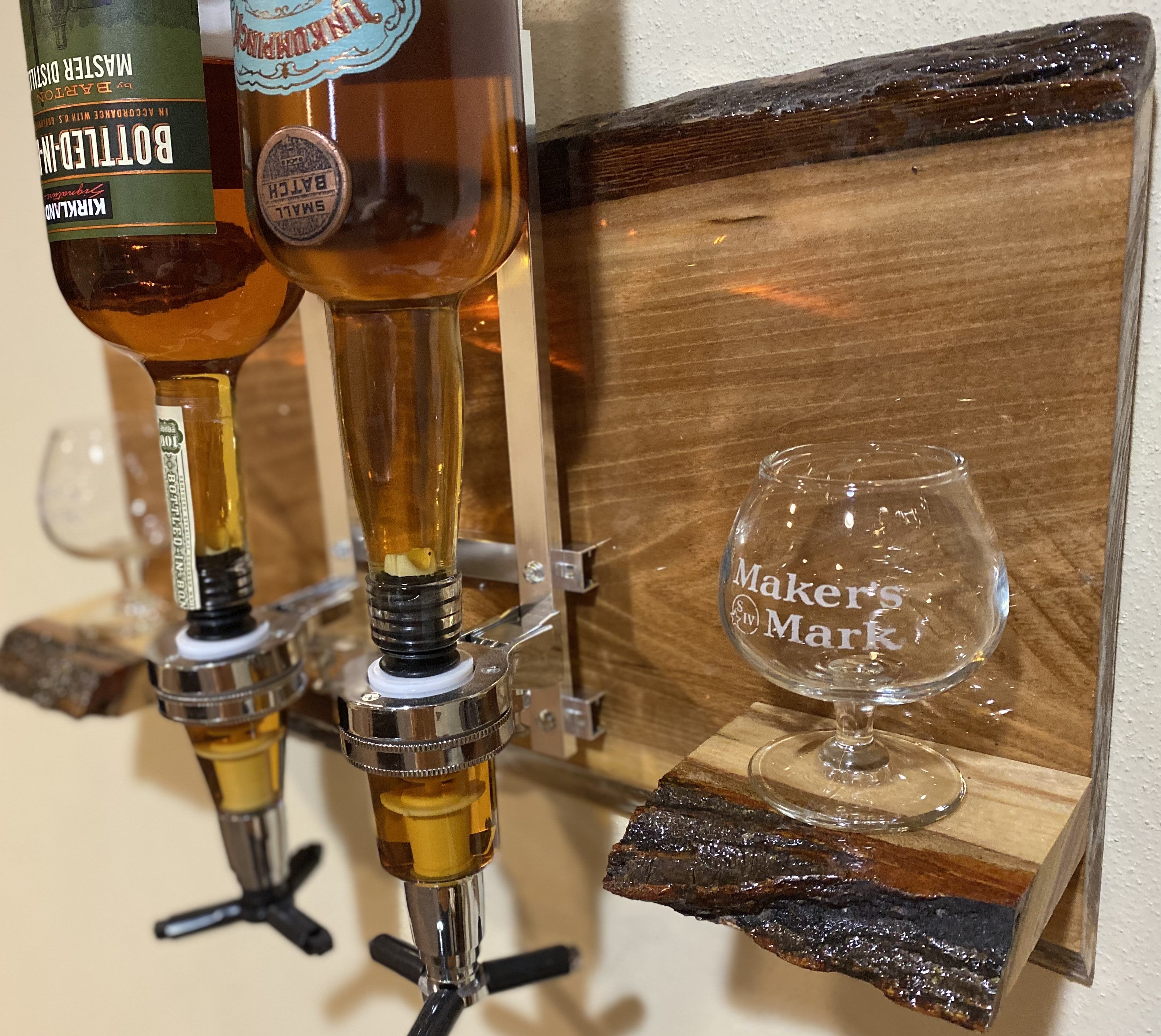 Liquor Dispenser Mounted on Live Edge Natural Bark Wood